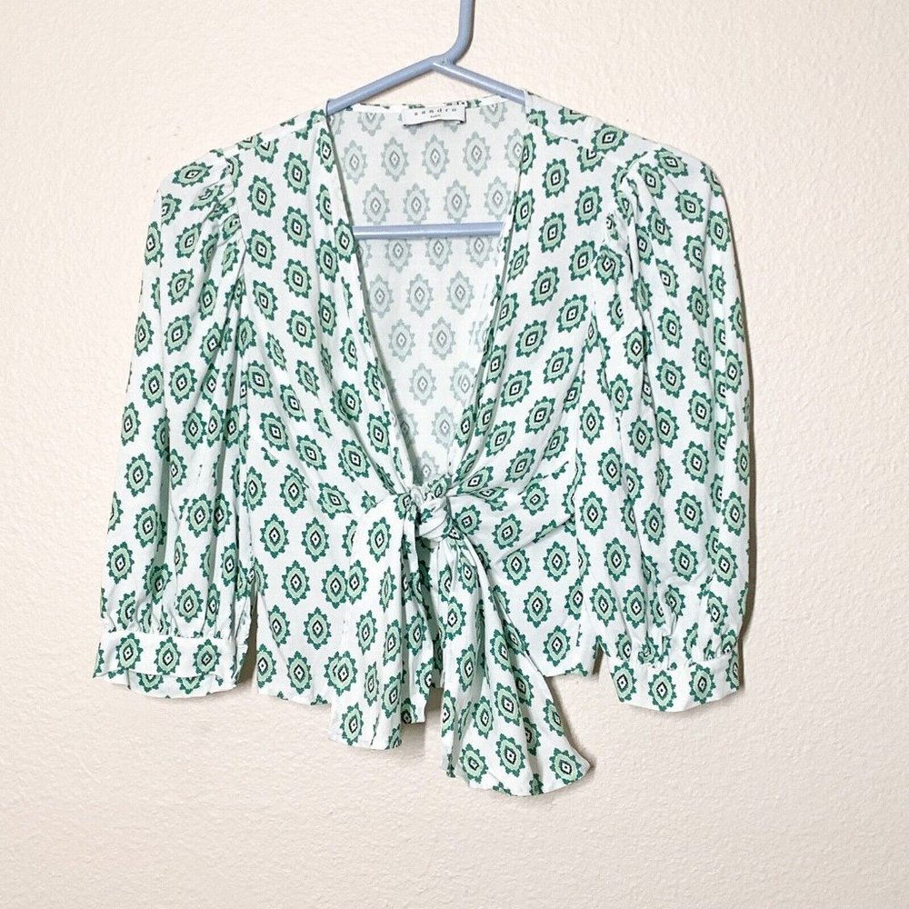 Sandro Namal Printed Crop Top 1 Small Waist Tie 3/4 Balloon Sleeve White Green - Picture 2 of 7